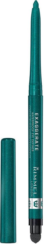 Rimmel Exaggerate Waterproof Eye Definer in Emerald Sparkle, groen glanzend. De dop is open. "WATERPROOF EYE DEFINER"