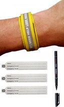 SOS Armband Volwassenen Geel - Reflecterend, inclusief Pen en Reservekaartjes - Naambandje / ID armband / Sport infobandje / Alarmbandje