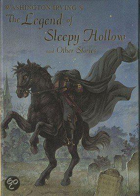 La couverture du livre 'The Legend of Sleepy Hollow' montre un cavalier sur un cheval, avec un cimetière et une église en arrière-plan.