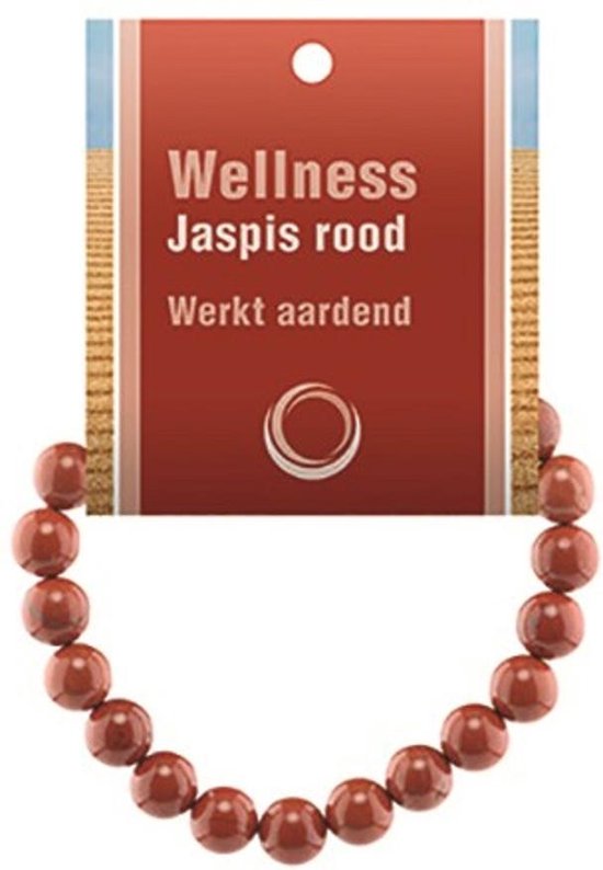 Rode jaspis kralen armband met kaart. De armband is gebogen en de kralen zijn rond.