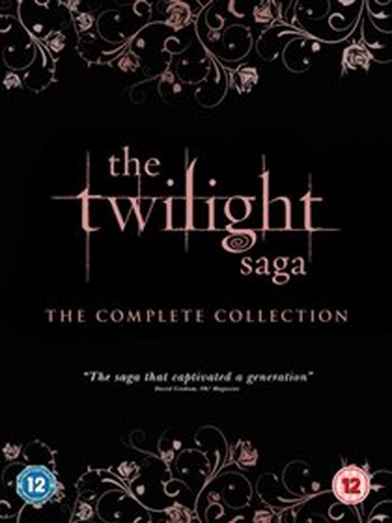 The Twilight Saga The Complete Collection Blu-ray avec un motif de roses dorées.