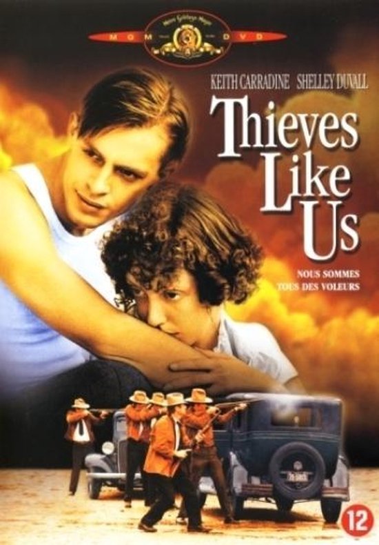 DVD-cover van 'Thieves Like Us' met Keith Carradine en Shelley Duvall. Mannen met geweren bij auto's.