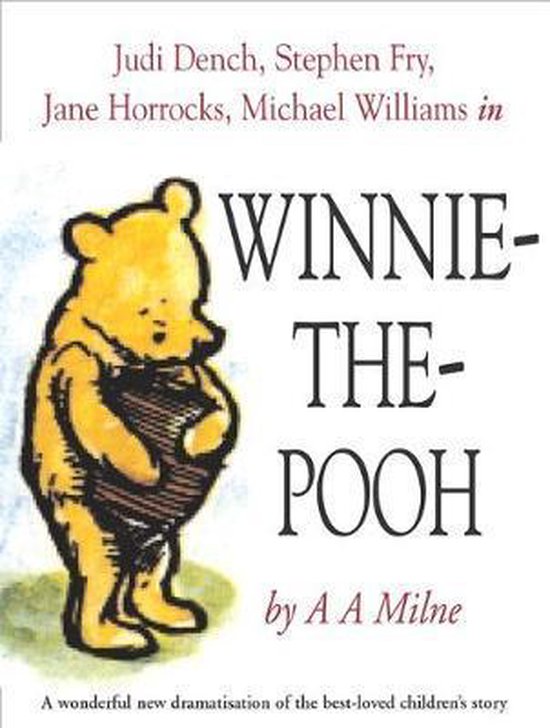Winnie de Poeh houdt een honingpot vast, boekomslag met tekst door A.A. Milne en sterrencast.