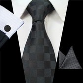Zijde stropdas set zwart geblokt met manchetknopen en pochet – luxe stropdassen set voor heren