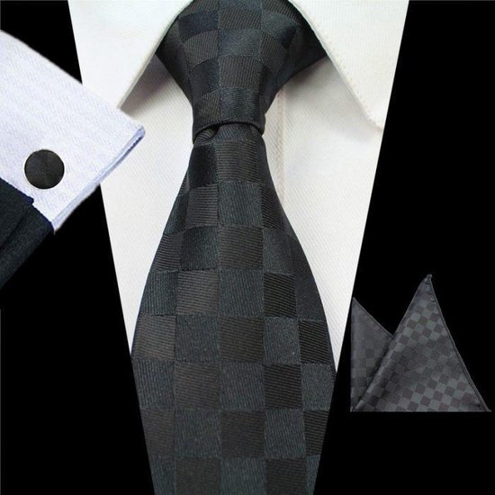 uitzetten Afwijzen Nationale volkstelling Zijde stropdas set zwart geblokt met manchetknopen en pochet – luxe stropdassen  set... | bol.com
