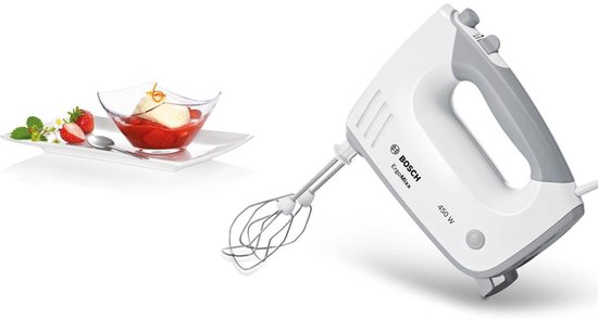 Witte Bosch ErgoMixx handmixer 450W met twee metalen gardes, naast een schaal met aardbeien en ijs.