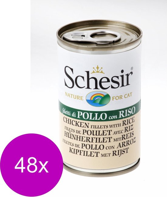 Schesir Kat Blik Gekookt - Kattenvoer - 48 x Kip Rijst 140 g