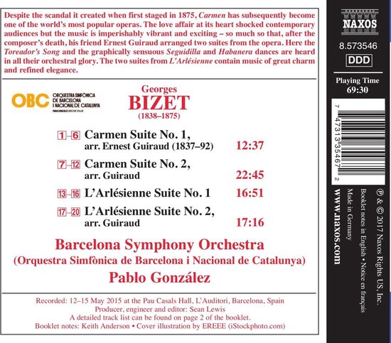 Naxos CD hoes met tracklist. Georges Bizet, Carmen Suites, L'Arlésienne Suites. Barcelona Symphony Orchestra, Pablo González.