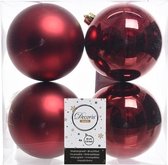 4x Donkerrode kunststof kerstballen 10 cm - Mat/glans - Onbreekbare plastic kerstballen - Kerstboomversiering donkerrood