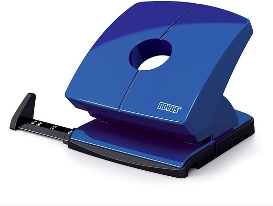 Blauwe Novus nietmachine met een verstelbare papiermeting.