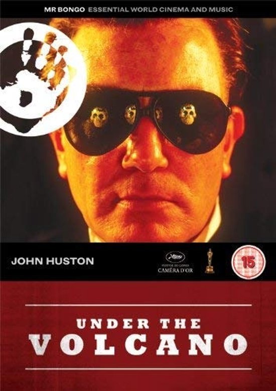 DVD hoes van de film 'Under The Volcano' met John Huston in een zonnebril met reflecties van schedels. "MR BONGO ESSENTIAL WORLD CINEMA AND MUSIC", "JOHN HUSTON", "CAMERA D'OR", "15".