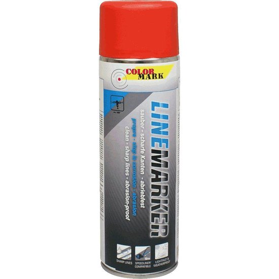 Spuitbus 'Linemarker' met rode dop en tekst in wit en grijs. Het blik heeft 'Linemarker' in grote blauwe letters.