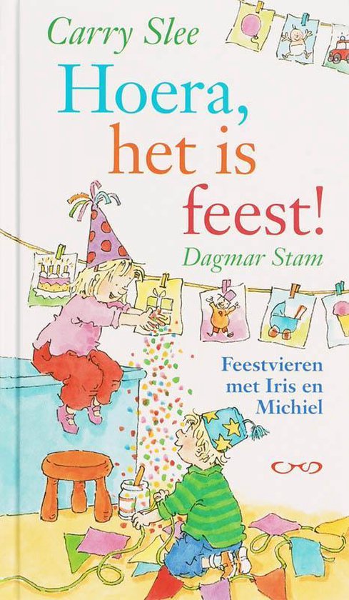 De cover van het boek 'Hoera, het is feest!' met Iris en Michiel die confetti gooien. De titel en auteur staan op de cover.