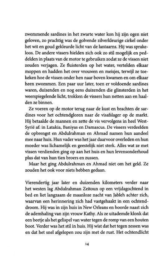 Pagina 14 van het boek 'Zeitoun', met tekst en een illustratie van een vis.
