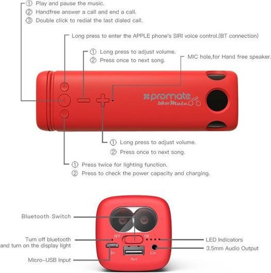 Promate Bikermate - Powerbank + Bluetooth Luidspreker + LED Lamp (Rood) — afbeelding 3