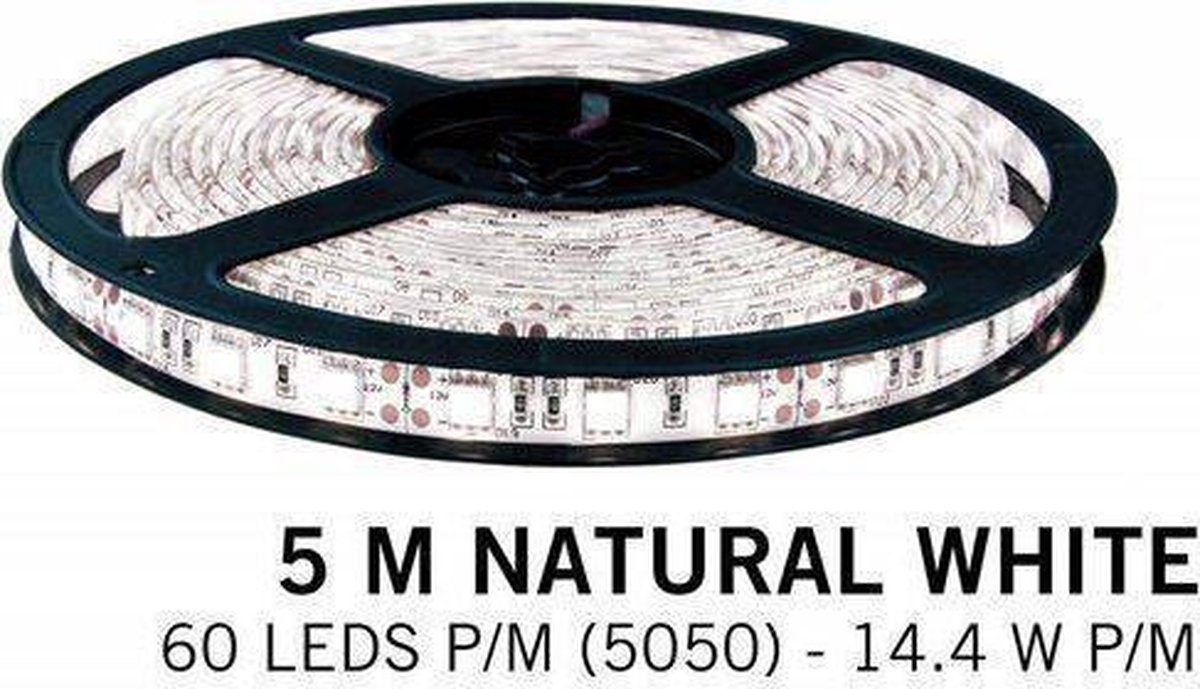 Neutraal witte LED strip 60 leds p.m. - 5M - type 5050 - 12V - 14,4W/p.m