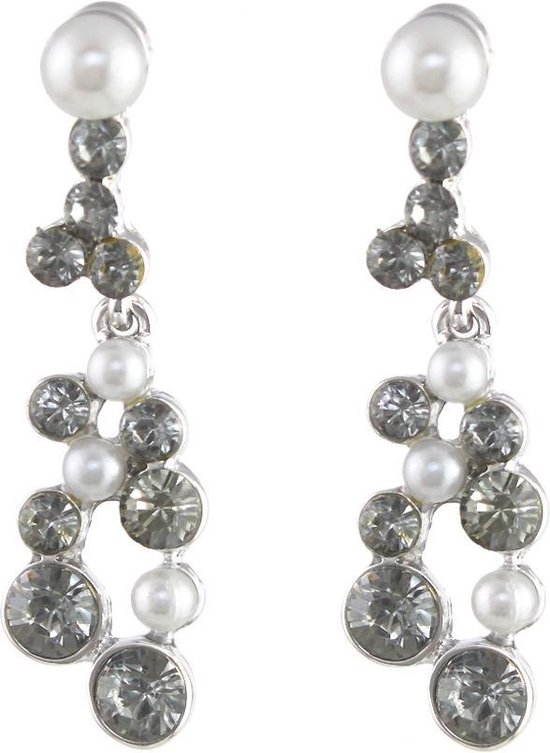 Oorhangers Crystals Pearls - Oorbellen - Earrings 2x3,5cm Wit en Grijs - Musthaves