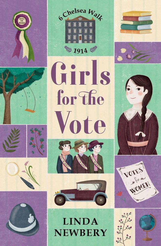 Boekomslag met de titel 'Girls for the Vote'. Bevat illustraties van een meisje, boeken, een auto en vrouwen met 'Votes for Women' linten.