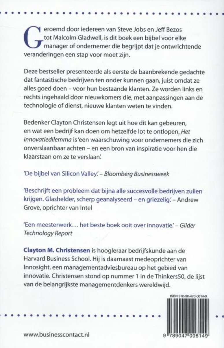 Dos du livre "Het innovatiedilemma" avec des critiques et des informations sur l'auteur Clayton M. Christensen.