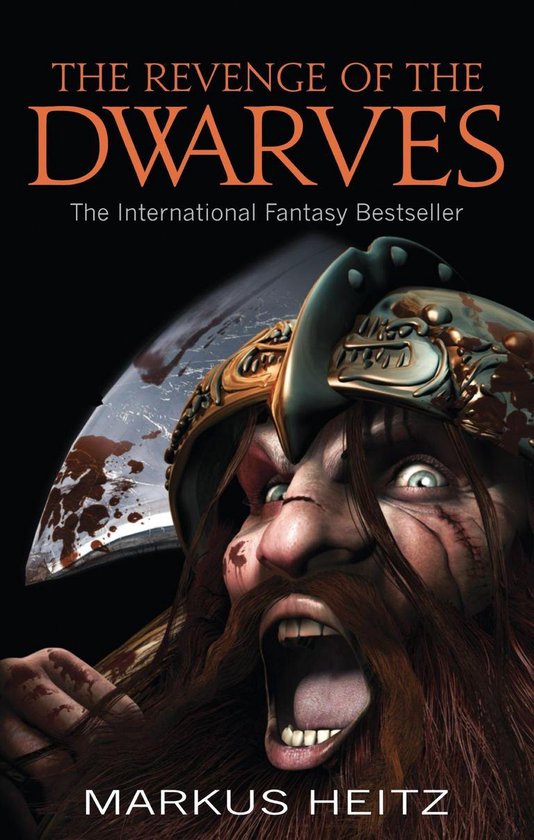 Couverture de livre avec un nain dangereux portant un casque, "THE REVENGE OF THE DWARVES" et "MARKUS HEITZ".