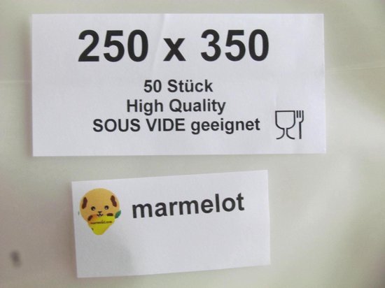 Étiquette avec '250 x 350', '50 Stück', 'High Quality', 'SOUS VIDE geeignet' et un logo Marmelot.
