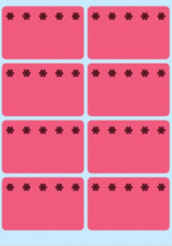 Roze etiketten met zes zwarte bloemmotieven bovenaan.