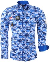 Montazinni - Heren Overhemd - Camouflage - Slimfit - Patches - Navy