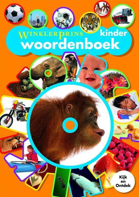 Winkler Prins kinderwoordenboek met diverse illustraties van dieren, een baby, voertuigen en een voetbal.