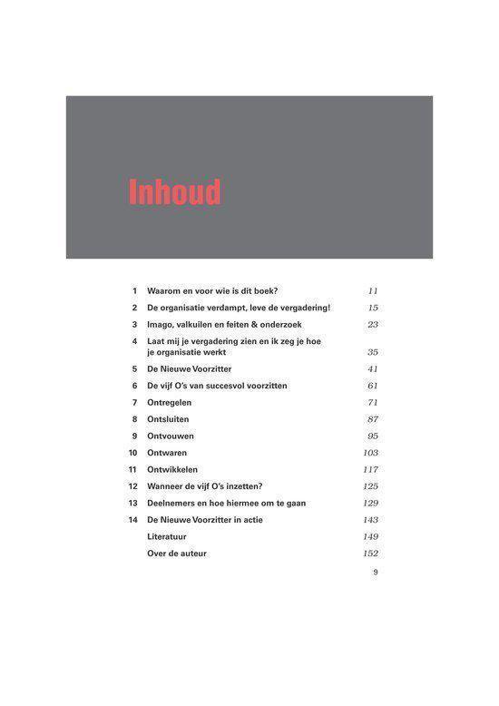 Inhoudsopgave van het boek 'De Nieuwe Voorzitter'.