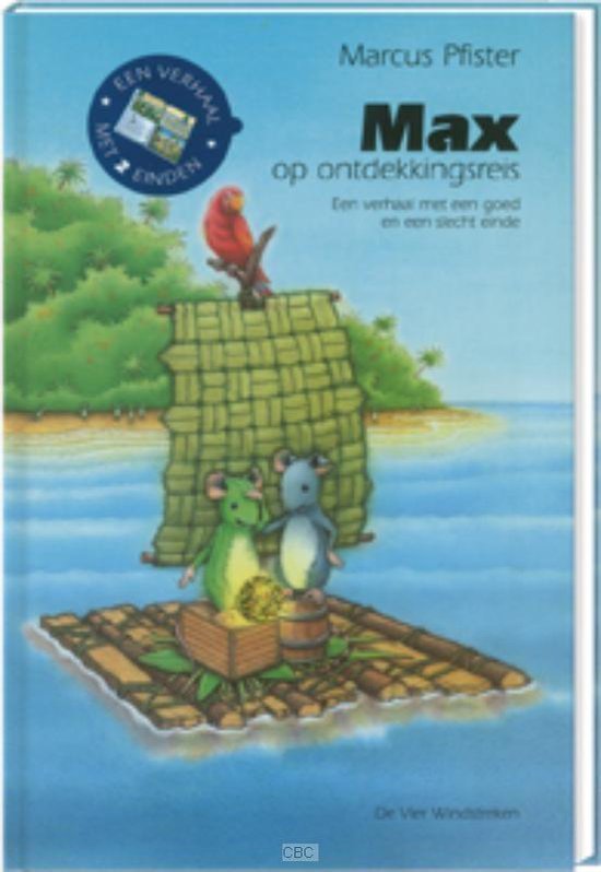 Een vlot met twee muizen, een papegaai en een eiland op de achtergrond. 'Max op ontdekkingsreis' staat erop.