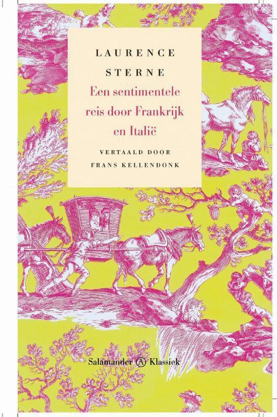 Boekcover met een gele achtergrond en roze patronen van paarden en koetsen. Titel: "Een sentimentele reis door Frankrijk en Italië".