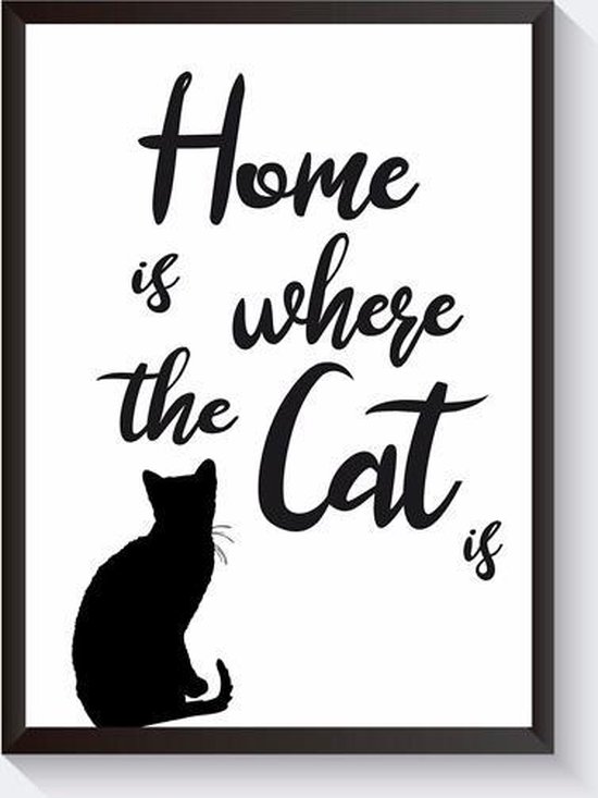 Poster met kat - Zwart wit poster - Tekstposter - Home where cat is - |