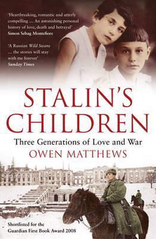 Boek kaft met twee jongens op de voorgrond en een man te paard op een winterse achtergrond. Titel: Stalin's Children.