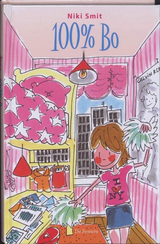 Boek '100% Bo' met een tekening van een meisje met pompons in haar slaapkamer, bed met roze sterren.
