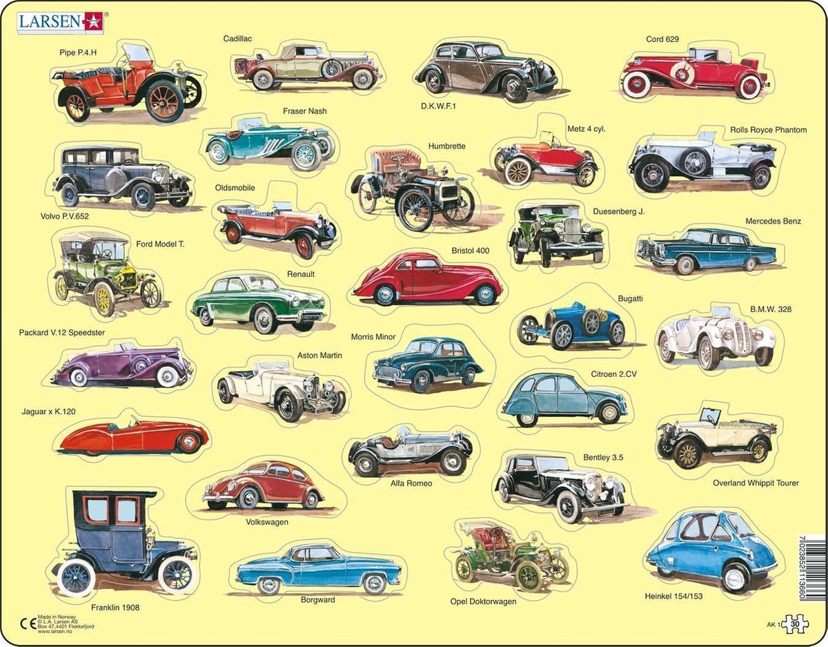 Larsen Oldtimer auto's – Puzzel – Voertuigen & Techniek – Oldtimers – Educatieve legpuzzel voor kinderen – 30 stukjes – Gemaakt in Noorwegen – Extra dikke 2,5 mm stukjes – Tray met vaste rand