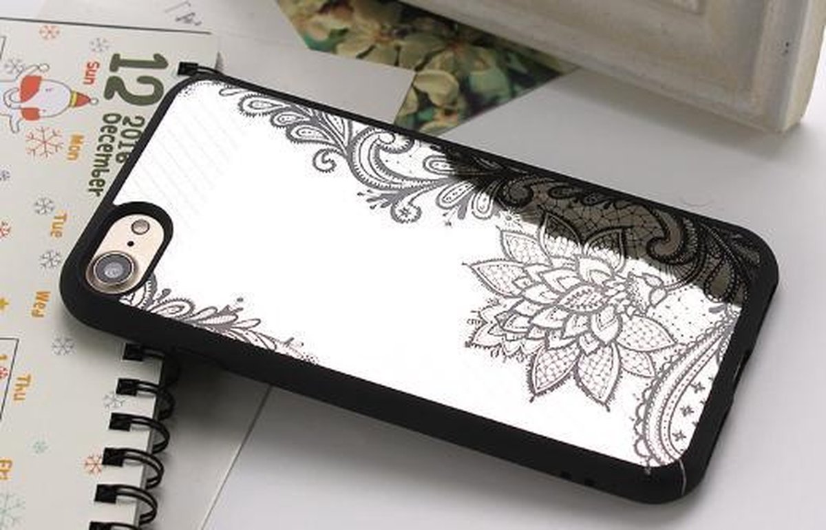 Apple Iphone 6 / 6S Zwart Backcover spiegel hoesje bloemen patroon