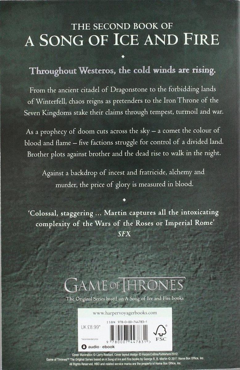 Achterkant van het boek 'A Game of Thrones: The Second Book of A Song of Ice and Fire', met tekst en logo's.