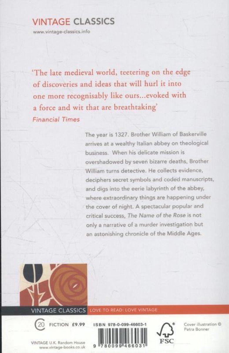 Achterkant boek Vintage Classics 'The Name of the Rose'. Bevat tekst en ISBN.