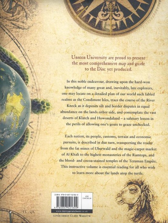 De achterkant van De Compleat Discworld Atlas met een schildpad, een kompas en een kameel.