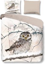 Snoozing Snowy Owl - Flanel - Dekbedovertrek - Tweepersoons - 200x200/220 cm + 2 kussenslopen 60x70 cm - Sand