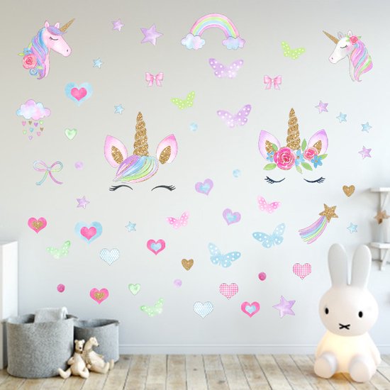 Stickerkamer® Muursticker unicorn - eenhoorn - hartjes - sterren - regenboog - vlinders - kinderkamer - babykamer - wanddecoratie