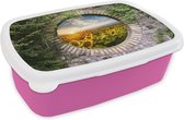 Broodtrommel Roze - Lunchbox - Brooddoos - Zonnebloemen - Doorkijk - Bloemen - Zon - 18x12x6 cm - Kinderen - Meisje