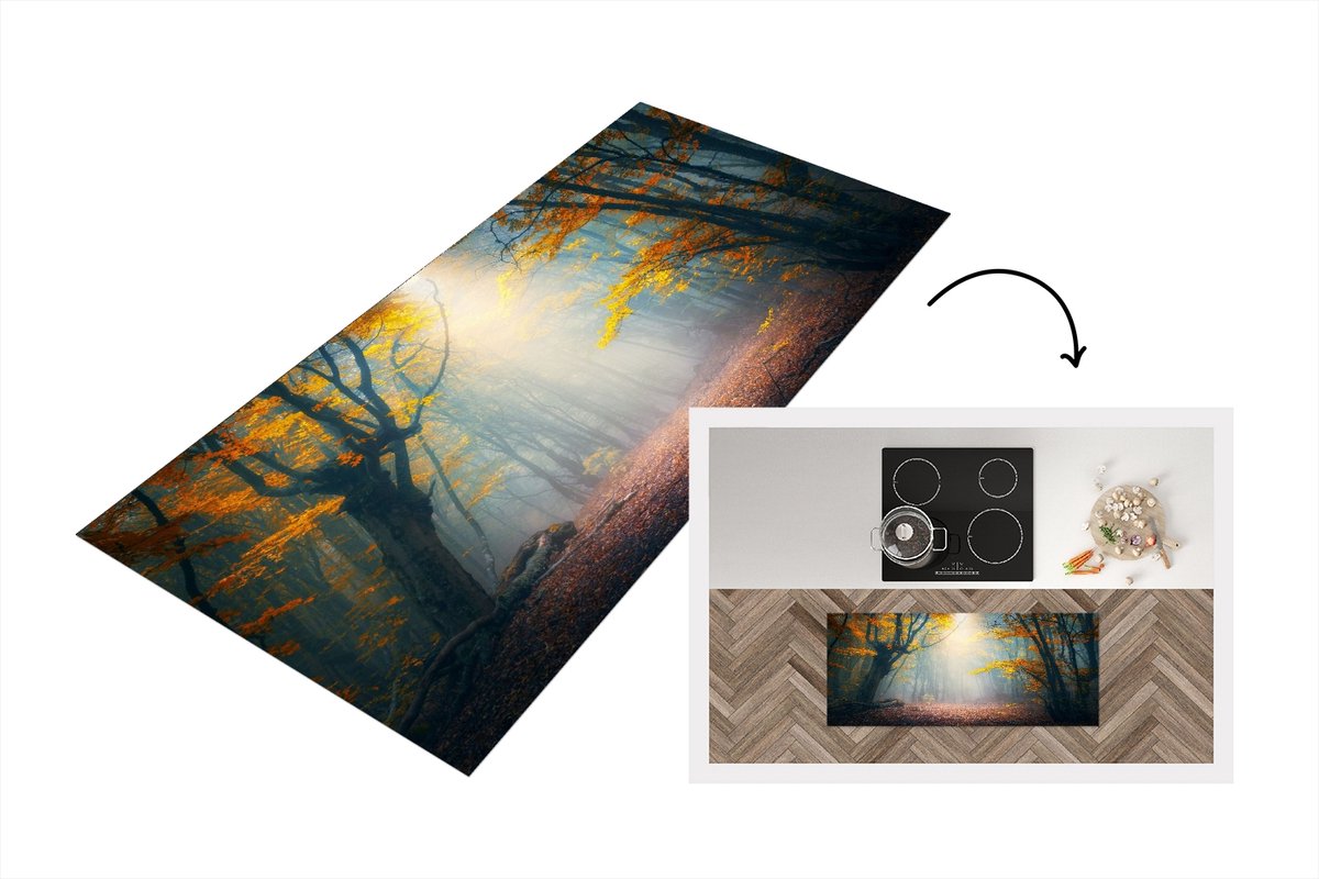 KitchenYeah Keukenloper - Loper keuken - Bos - Mist - Herfst - 120x50 cm - Keukenloper vinyl Multicolor