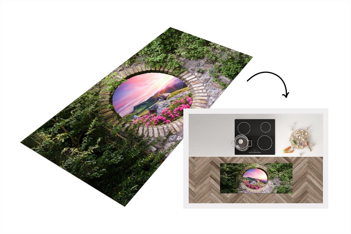 KitchenYeah Keukenloper - Loper keuken - Landschap - Bloemen - Doorkijk - Berg - 120x50 cm - Keukenloper vinyl Multicolor