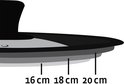 Illustratie die de maten 16 cm, 18 cm en 20 cm aangeeft voor een deksel.