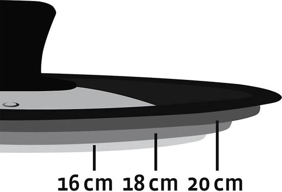 Illustratie die de maten 16 cm, 18 cm en 20 cm aangeeft voor een deksel.