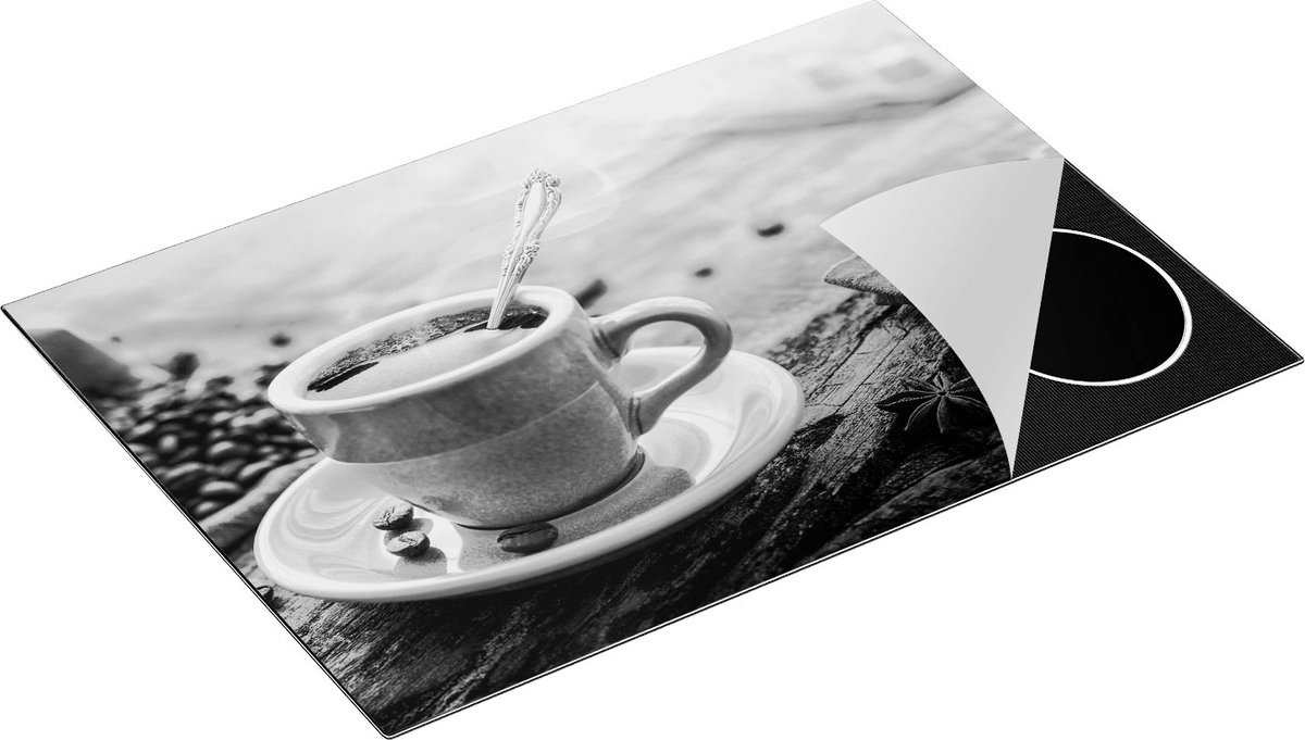 Chefcare Inductie Beschermer Blauw Kopje Koffie met Koffiebonen - Zwart Wit - 75x55 cm - Afdekplaat Inductie - Kookplaat Beschermer - Inductie Mat