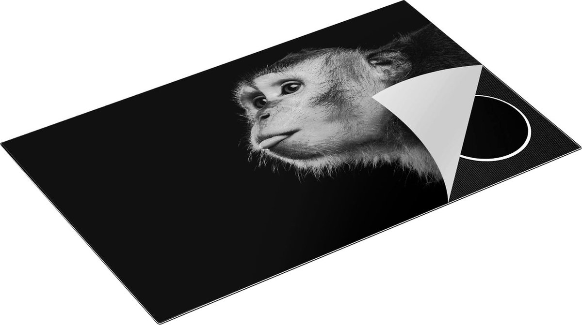 Chefcare Inductie Beschermer Apenkop met Zijn Tong uit - Aap - Zwart Wit - 85x50 cm - Afdekplaat Inductie - Kookplaat Beschermer - Inductie Mat