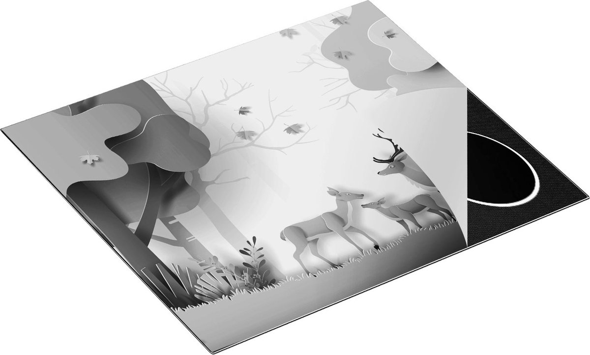 Chefcare Inductie Beschermer Herten in het Bos Illustratie - Abstract - Zwart Wit - 60x55 cm - Afdekplaat Inductie - Kookplaat Beschermer - Inductie Mat