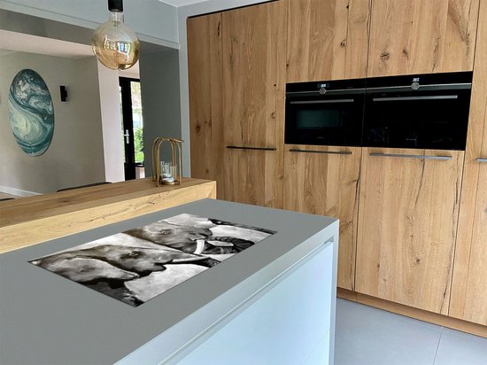 Chefcare Inductie Beschermer Twee Getekende Olifanten - Abstract - Zwart Wit - 91,2x52 cm - Afdekplaat Inductie - Kookplaat Beschermer - Inductie Mat